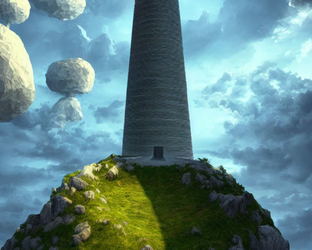 Spiral stone tower on green hill under dramatic sky with floating rocks