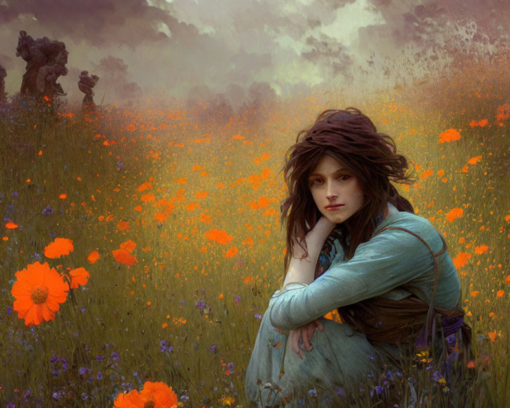 Person sitting in orange flower field under cloudy sky - Tranquil Scene