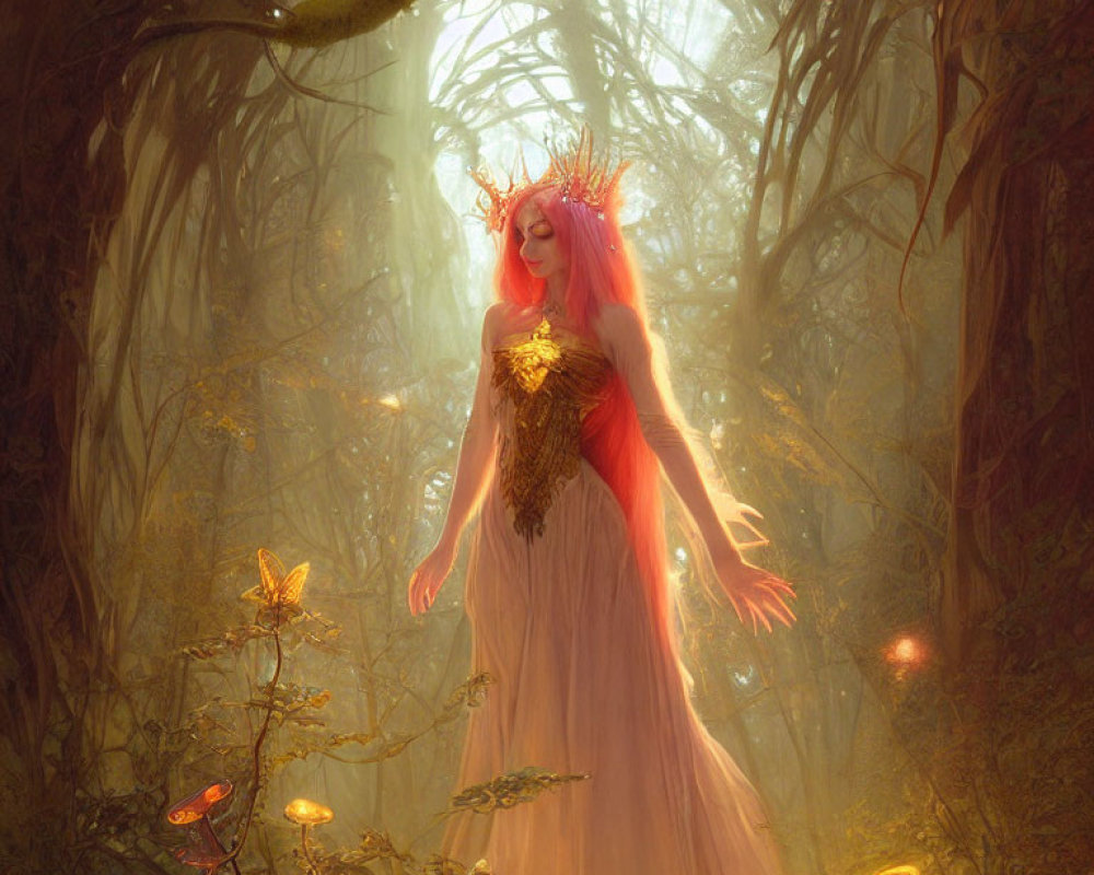 Enchanting forest scene with luminous fairy and glowing butterflies