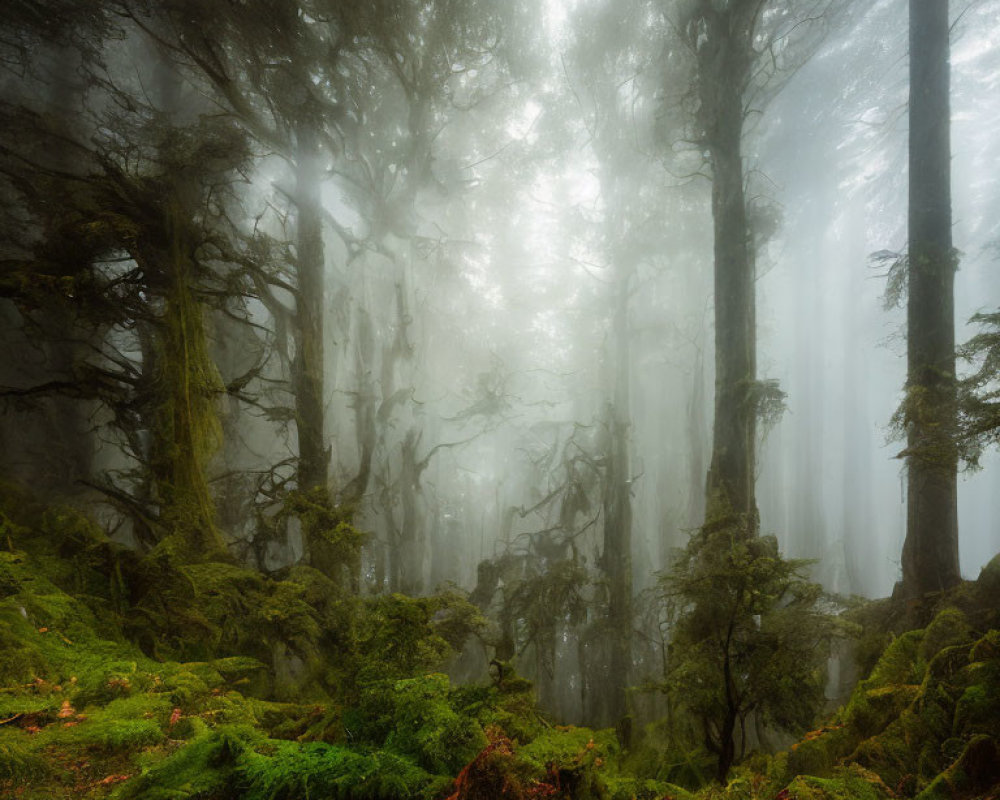 Enchanting misty forest with sunlight filtering through tall trees