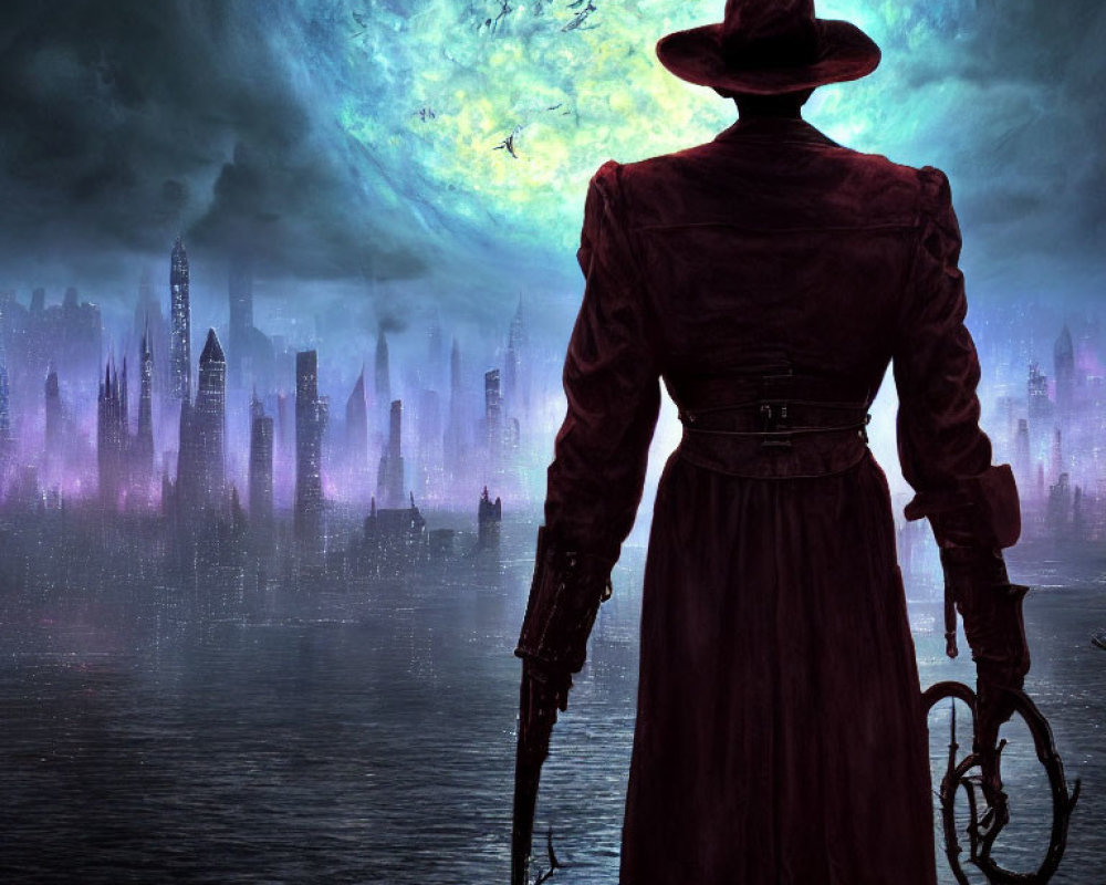 Mysterious figure in wide-brimmed hat and trench coat in dystopian cityscape.