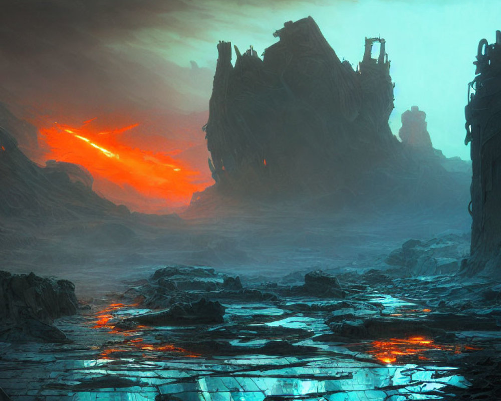 Dystopian landscape with rugged terrain and fiery red glow