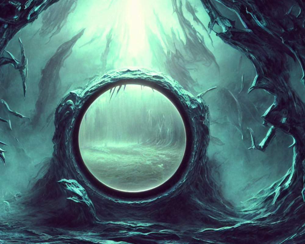 Circular portal to misty forest with twisted roots in surreal, greenish landscape