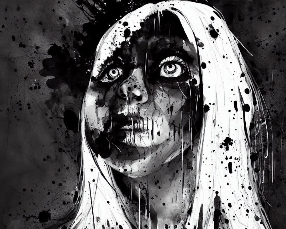 Monochrome artwork of a woman with white hair and ink-splattered face