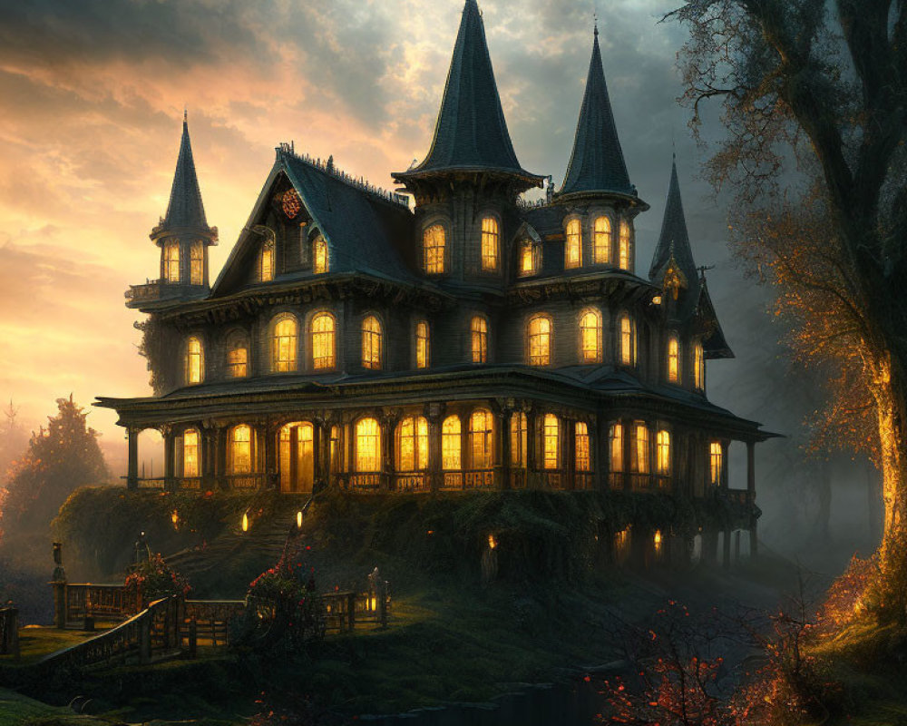 Gothic mansion at twilight with illuminated windows and autumnal surroundings