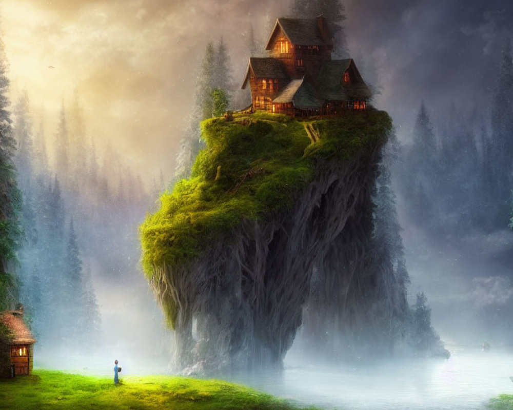 House on elevated green land with person in misty forest scene