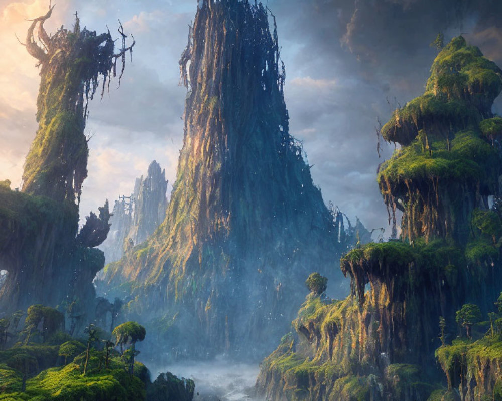 Mystical landscape with towering rock formations and foggy atmosphere.