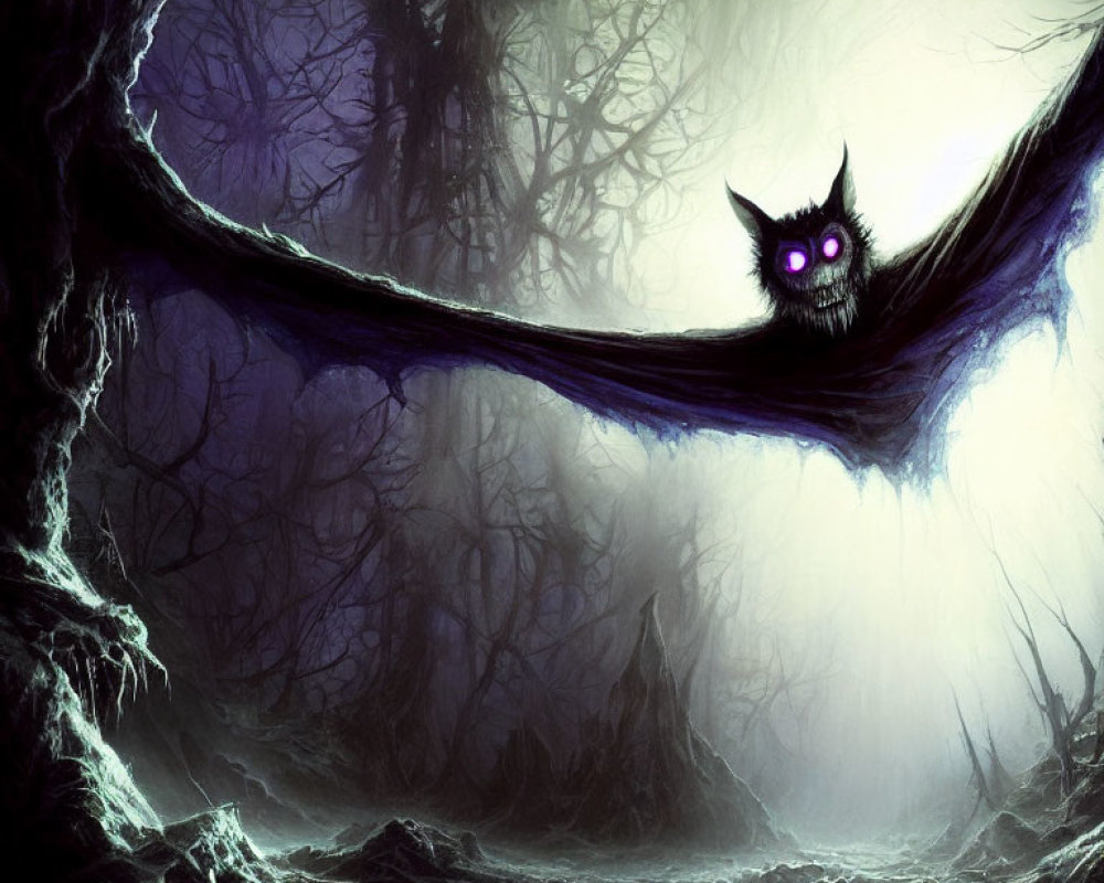 Mystical creature with glowing purple eyes in dark, eerie forest