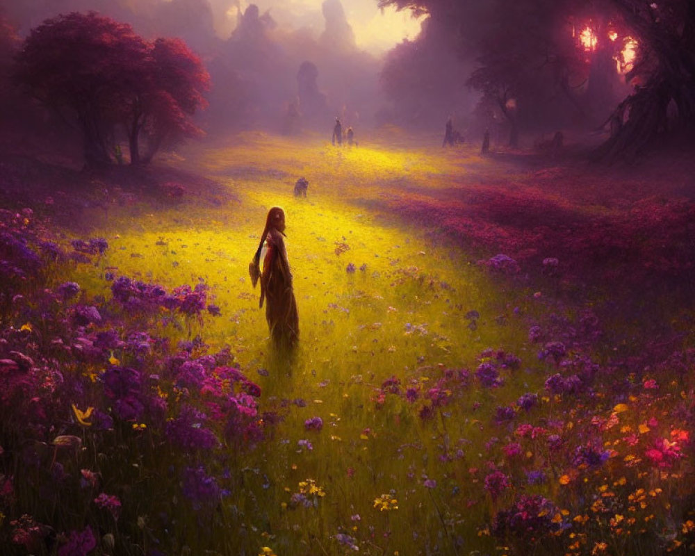 Woman in Red Cloak Walking Through Mystical Forest with Vibrant Flowers at Sunrise