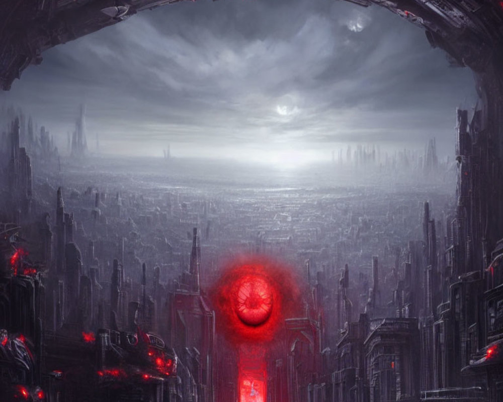 Dystopian cityscape with towering dark structures and red glowing eye