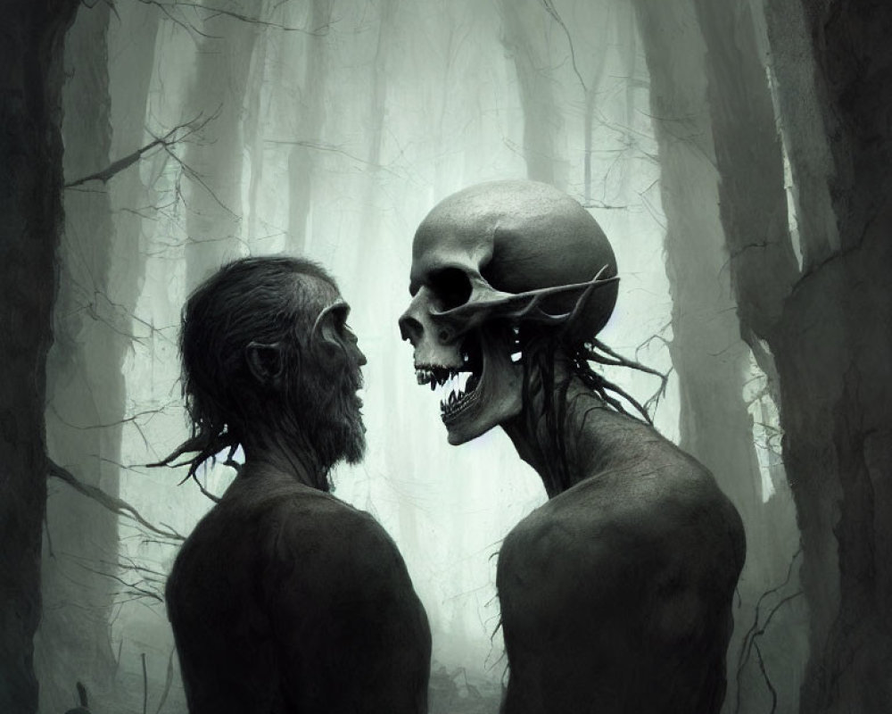 Skull-like figures in foggy forested landscape