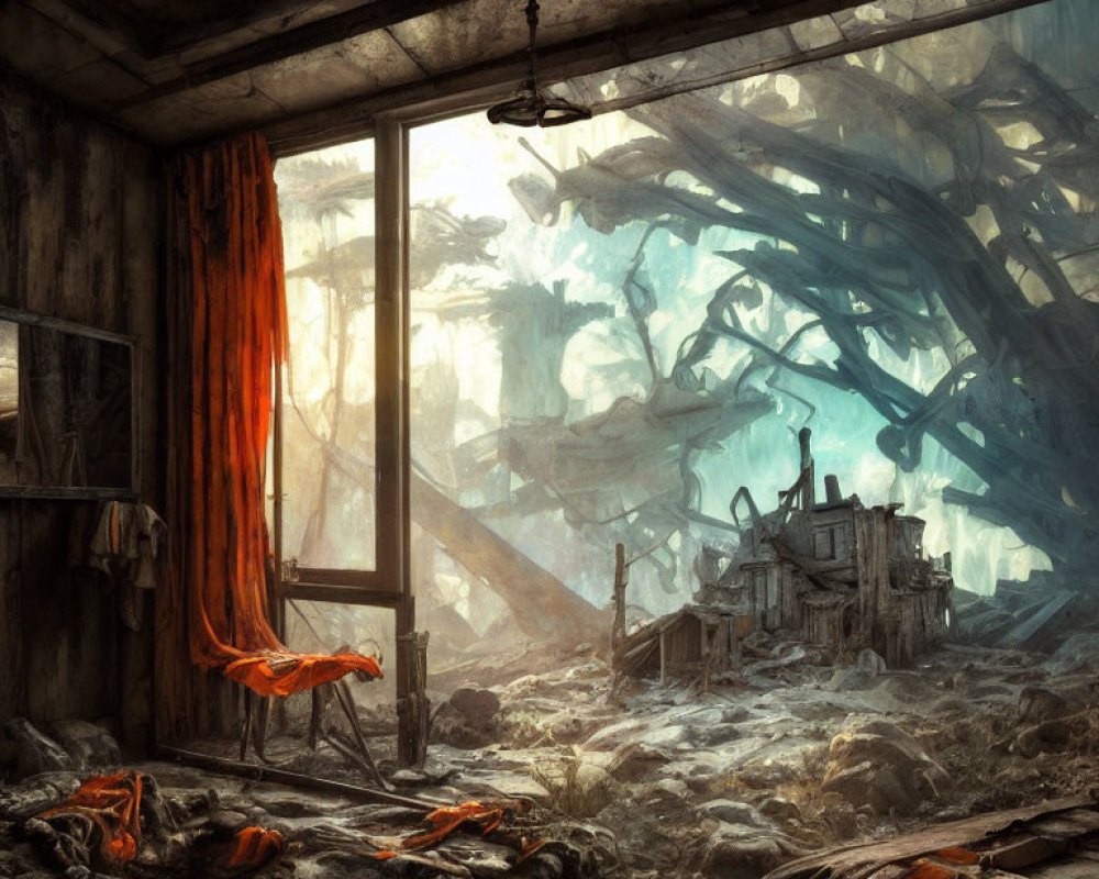 Abandoned room with hanging light and orange-draped window overlooking post-apocalyptic landscape