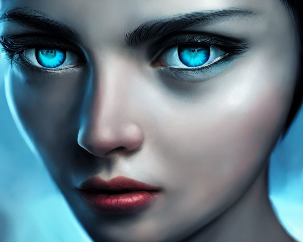 Intense blue-eyed person with high-contrast features in dramatic portrait