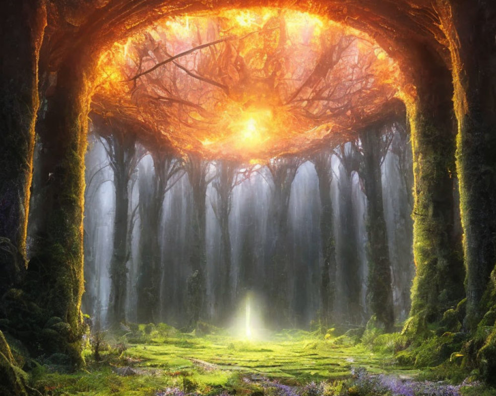 Enchanted forest with fiery canopy and glowing light path