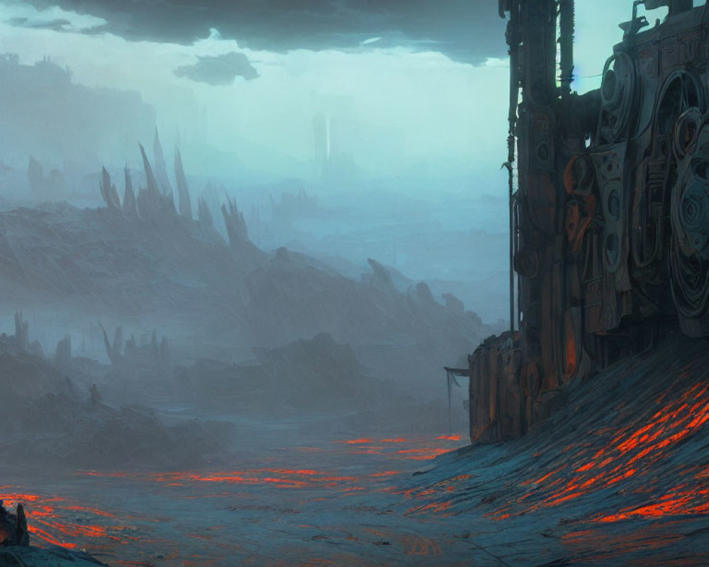 Dystopian landscape with lava streams, dark skies, and industrial structures