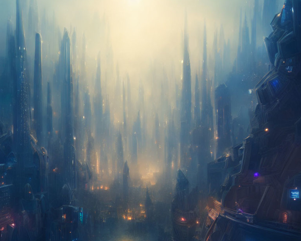 Towering narrow skyscrapers in misty futuristic city