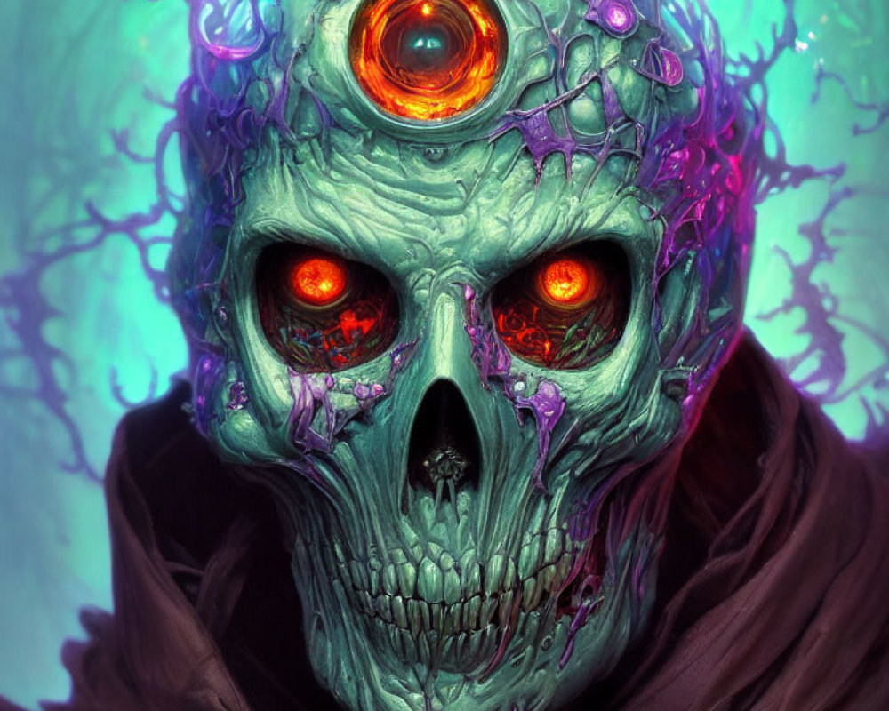 Glowing-eyed skull with purple and green ethereal energy and dark cloaks