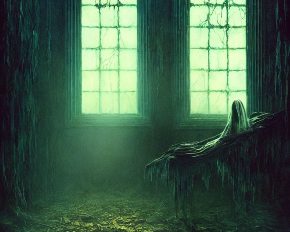 Eerie green-lit room with high windows, dense vines, and ghostly figure draped over decre