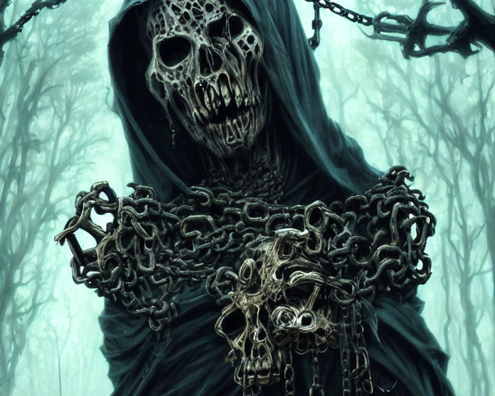 Skeleton in Hooded Cloak with Chains in Ominous Forest