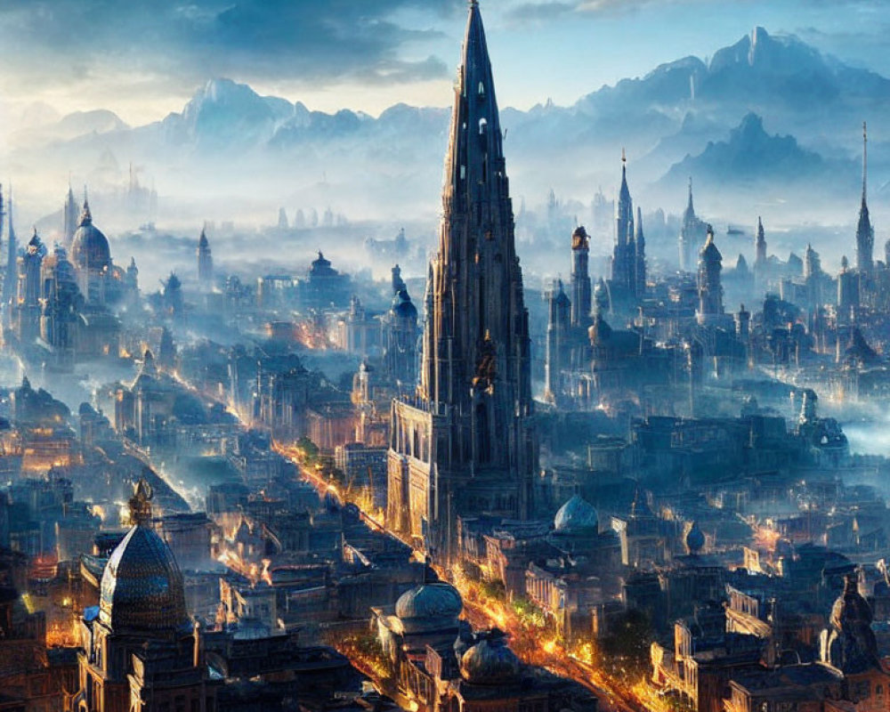 Fantastical cityscape at dawn with ornate buildings and central spire