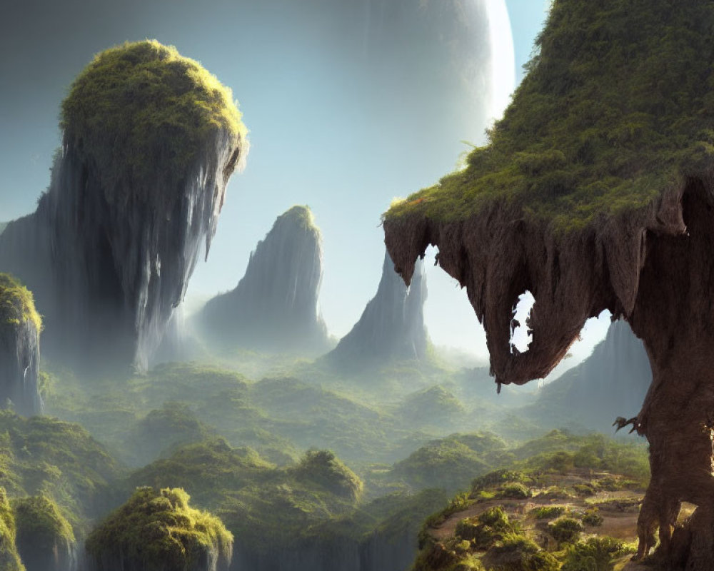 Fantastical landscape with floating islands and giant planet.