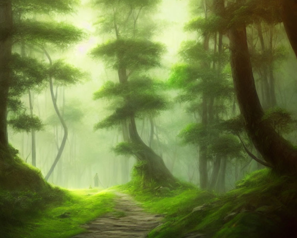 Mystical forest path with lush green trees and soft sunlight.