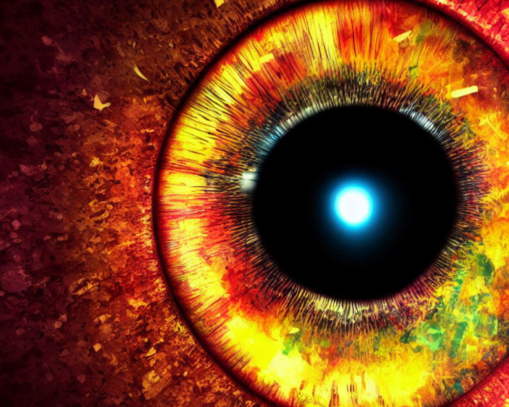 Detailed Eye Illustration with Fiery Colors and Blue Pupil