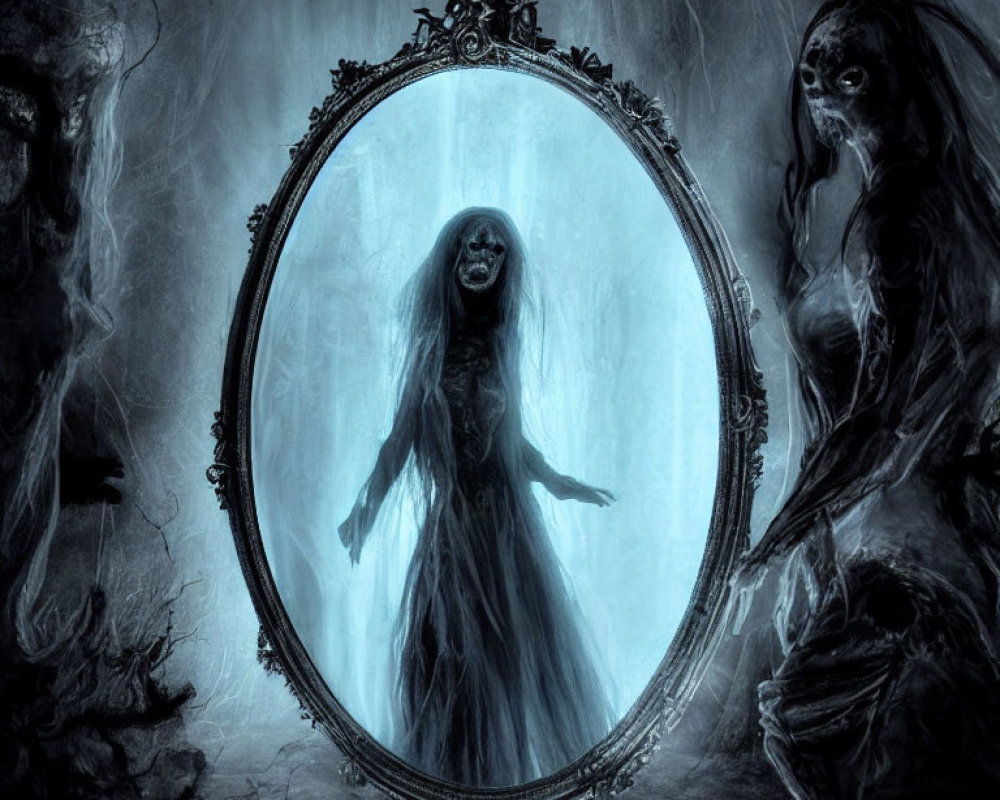 Ethereal mist surrounds spectral figure in ornate mirror