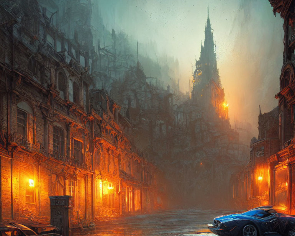 Misty Neo-Gothic Cityscape with Vintage and Modern Cars at Dusk