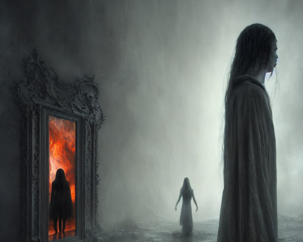 Mysterious figures in front of mirror and inferno in misty landscape