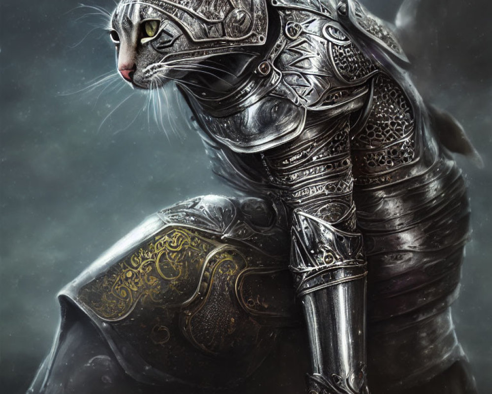 Realistic Cat in Medieval Knight Armor on Dark Background