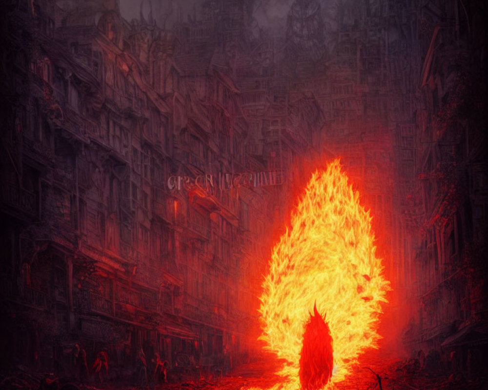 Dark cityscape with gothic architecture and fiery tear-shaped object in haze