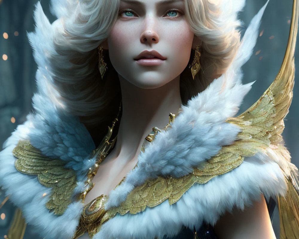 Fantasy female character with white hair, blue eyes, golden armor, and feathered shoulders in mystical