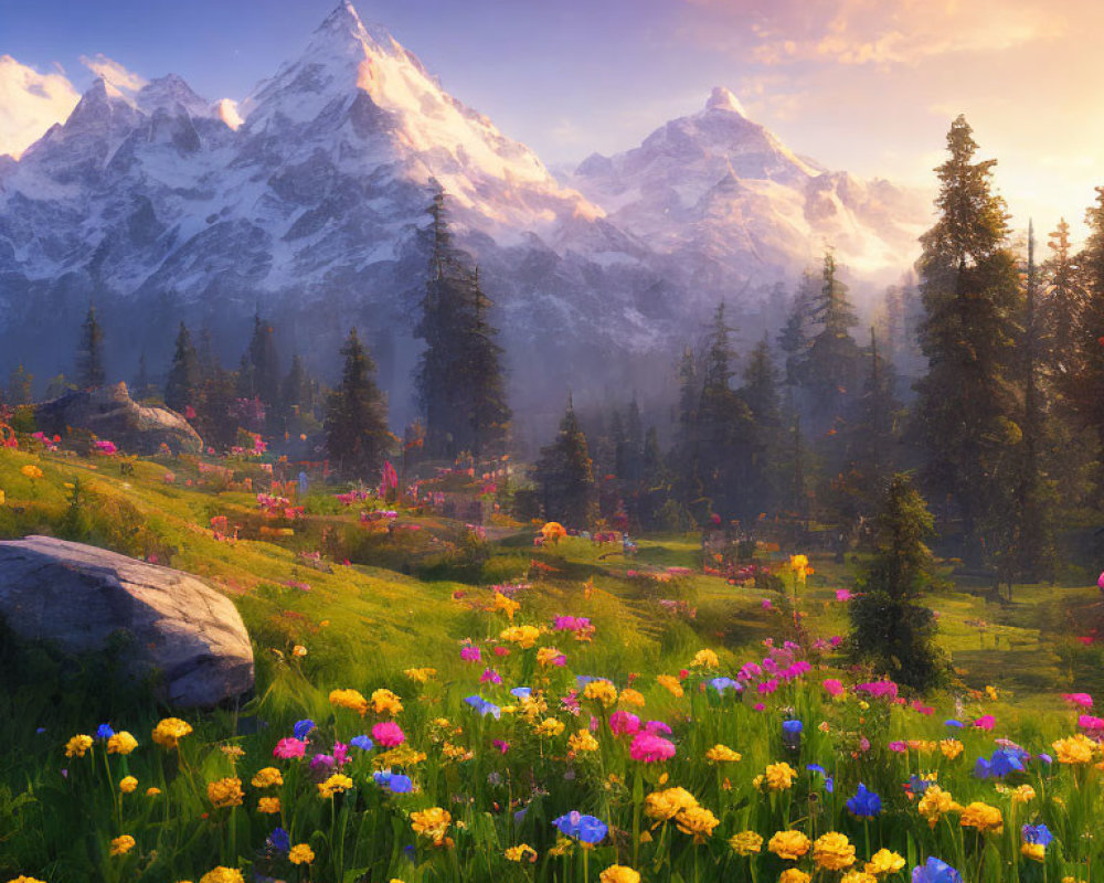 Scenic landscape with wildflowers, misty trees, and snow-capped mountains