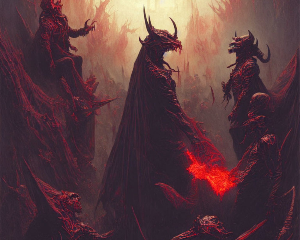 Dark fantasy art: Horned figures with glowing eyes in red-hued setting