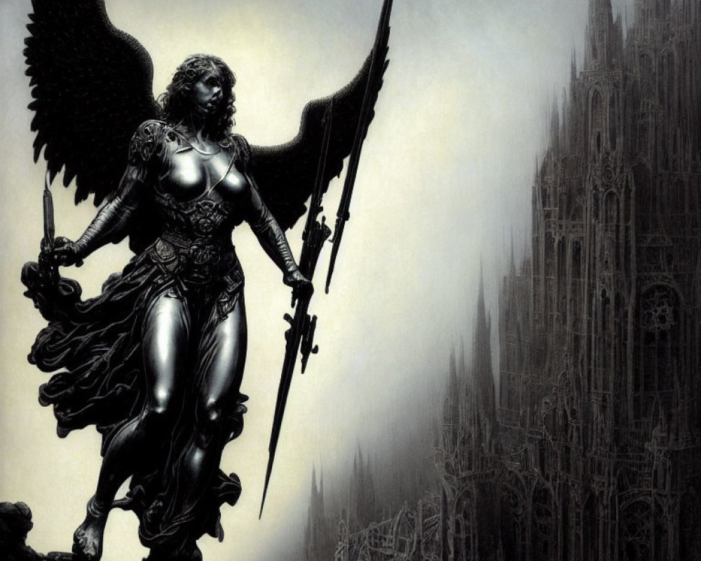 Monochrome winged warrior with spear at gothic cathedral