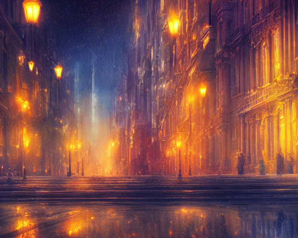 Nighttime urban street scene with warm streetlights and rain reflecting on cobblestone.