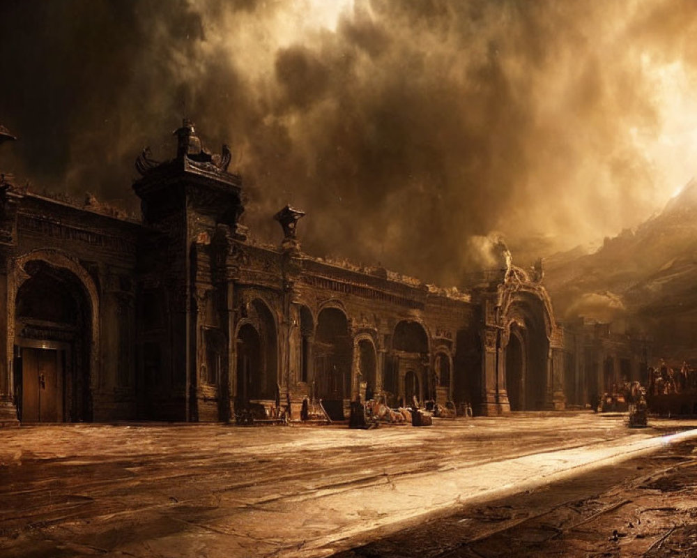 Sepia-Toned Image: Ancient Courtyard with Ornate Arches and Ominous Sky