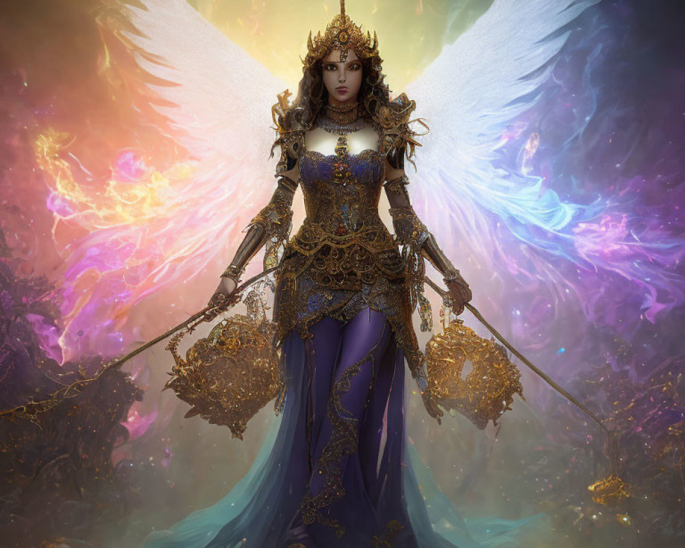 Multicolored winged angel in golden armor with scepter on mystical background