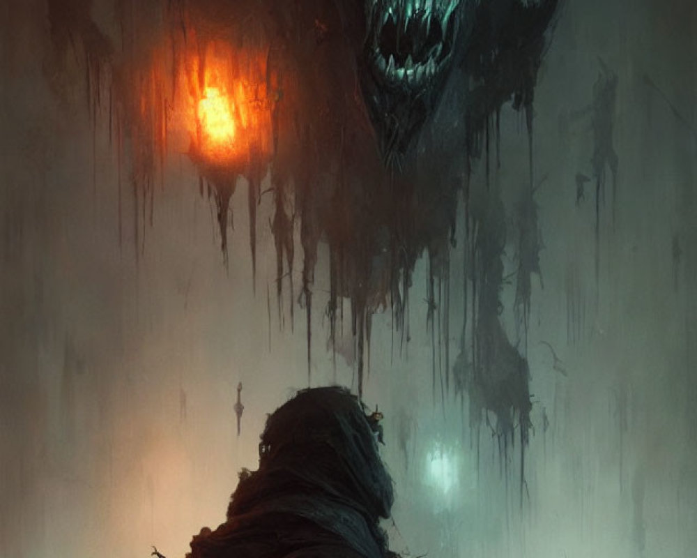 Cloaked figure confronts giant skull in misty setting