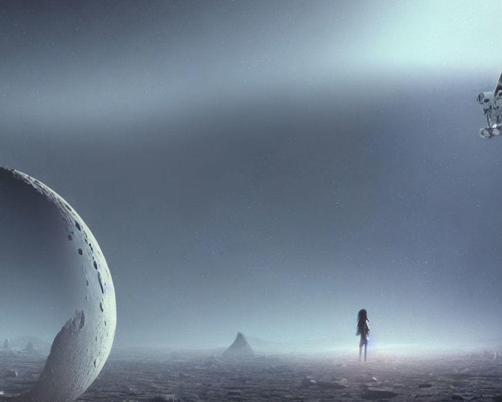 Person standing on rocky terrain gazing at celestial body with spacecraft.