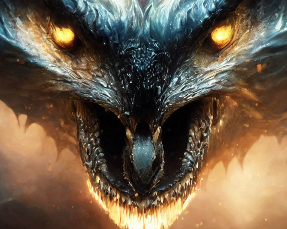 Dragon face with glowing eyes and sharp teeth in flames