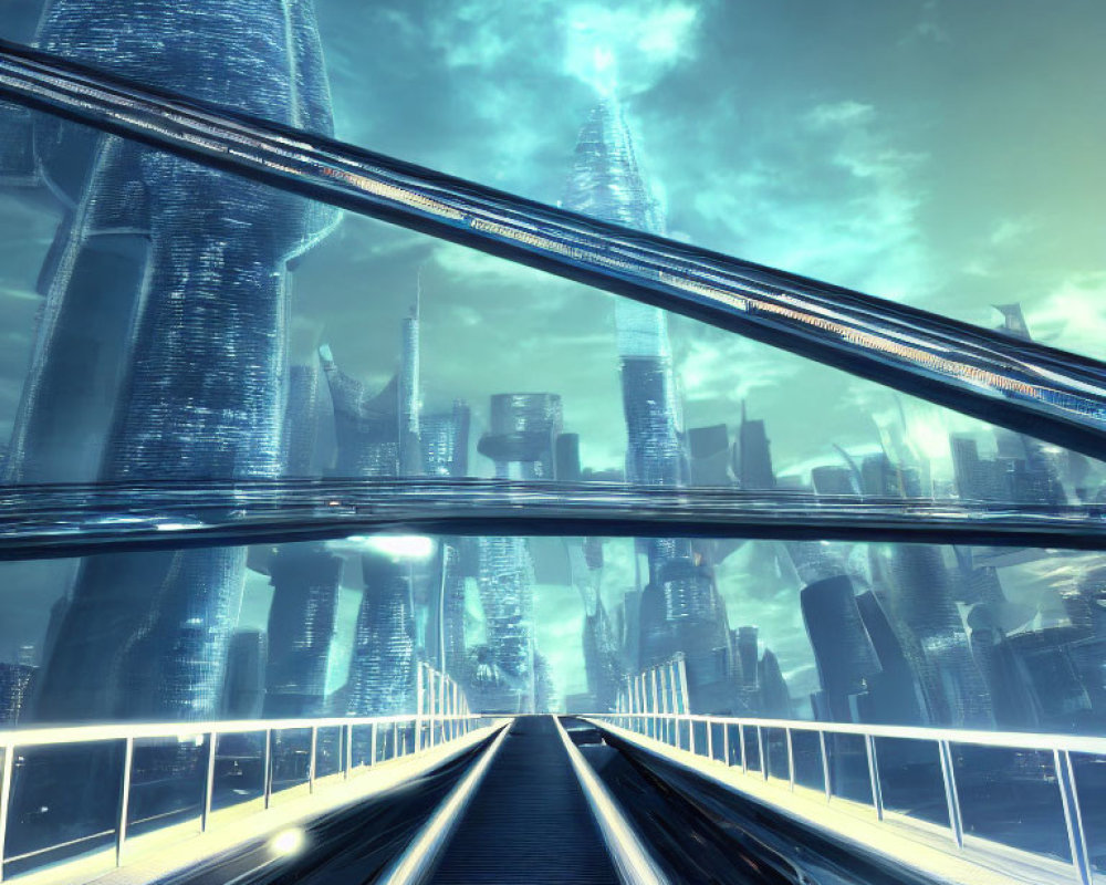 Futuristic cityscape with towering skyscrapers and elevated rail system