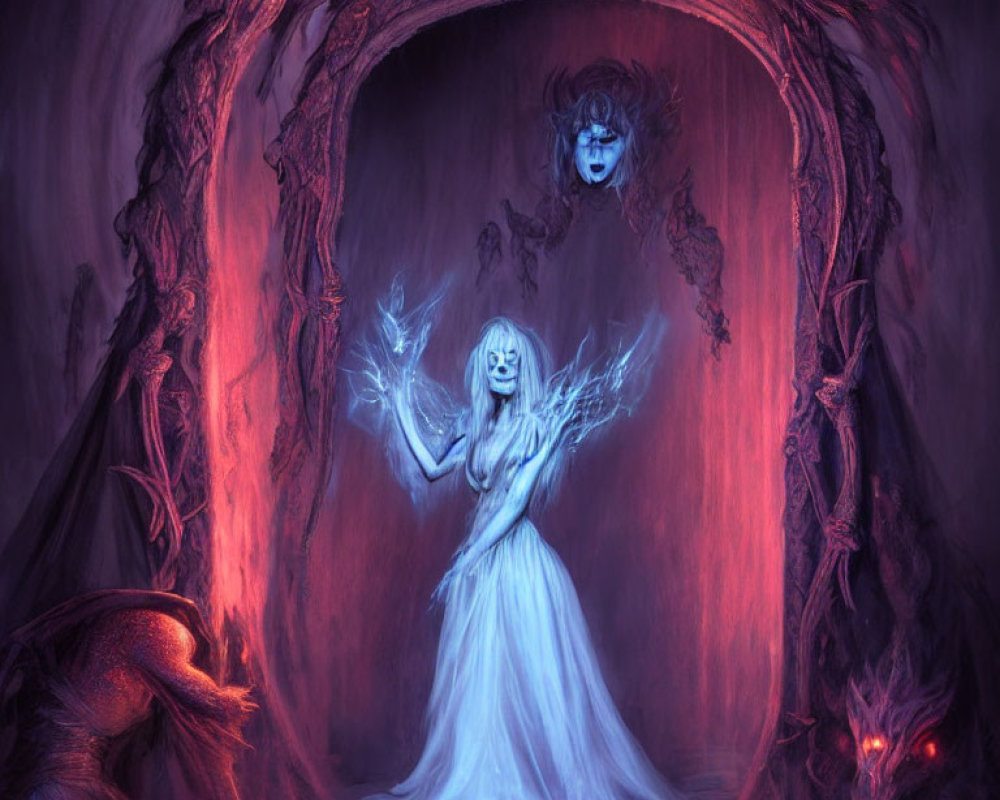 Spectral figure in white dress in eerie, purple-lit tunnel