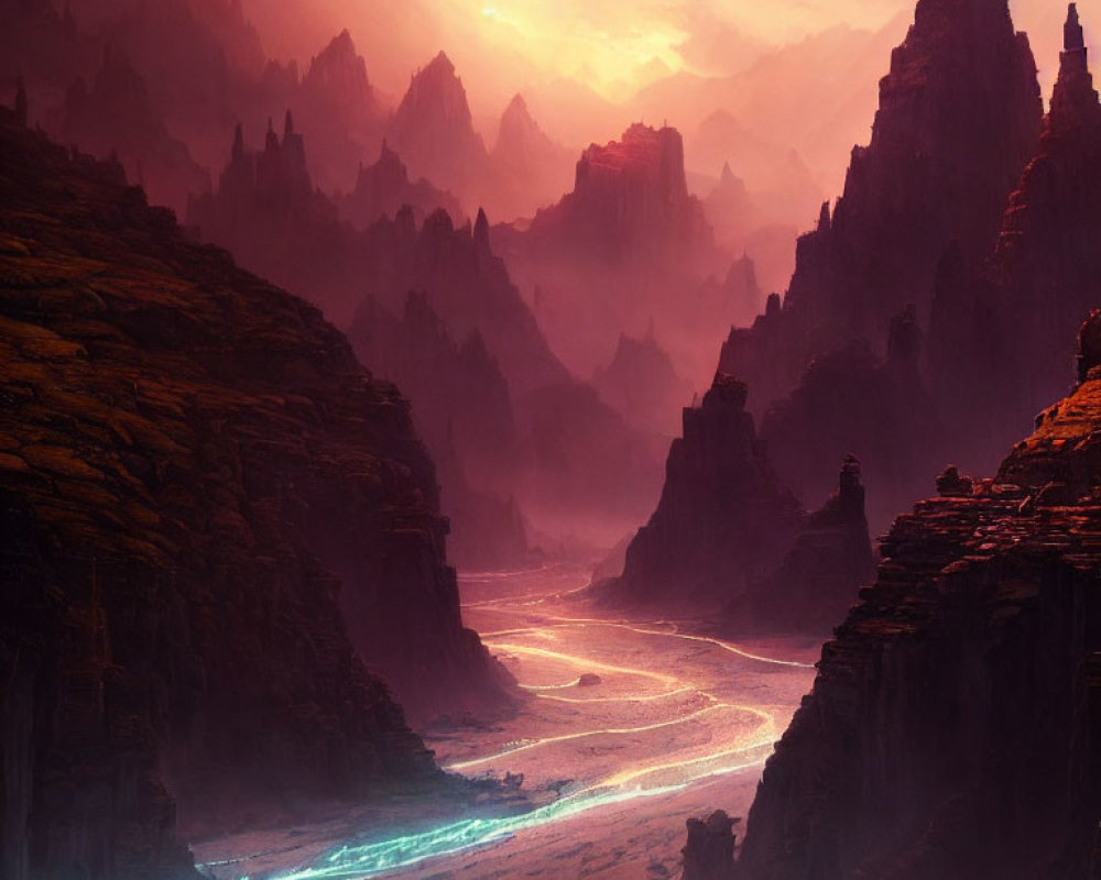 Majestic rock formations and glowing blue river in surreal landscape