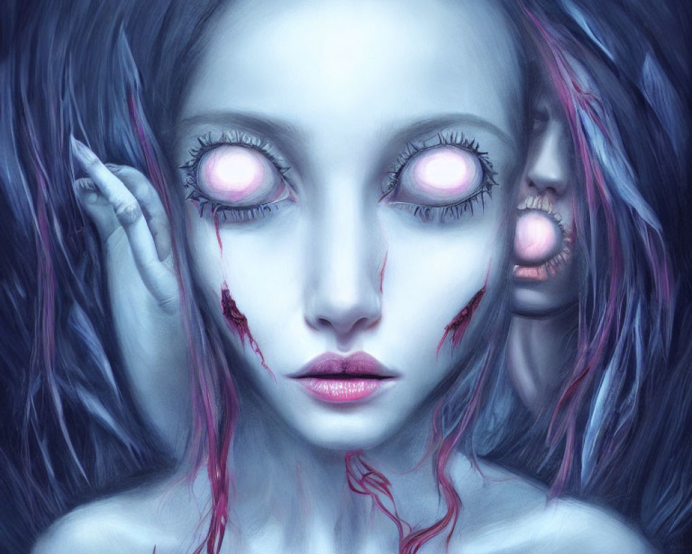 Surreal portrait of female figure with multiple eyes and haunting gazes