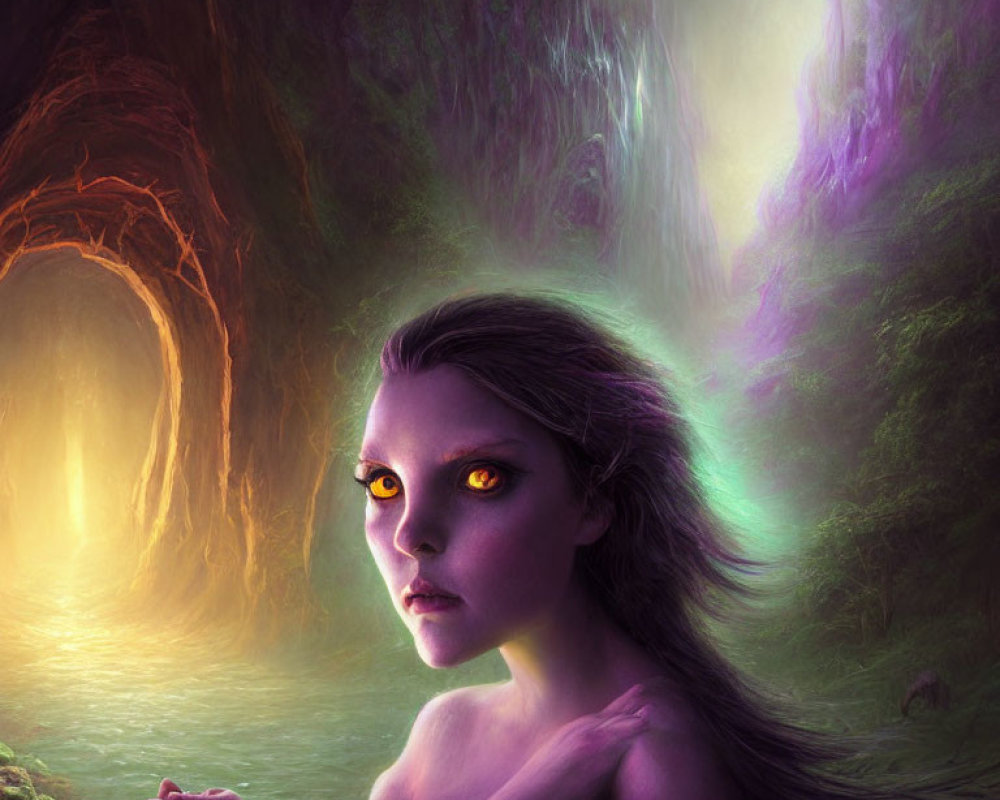 Fantasy illustration: Woman with glowing eyes in enchanted forest cave