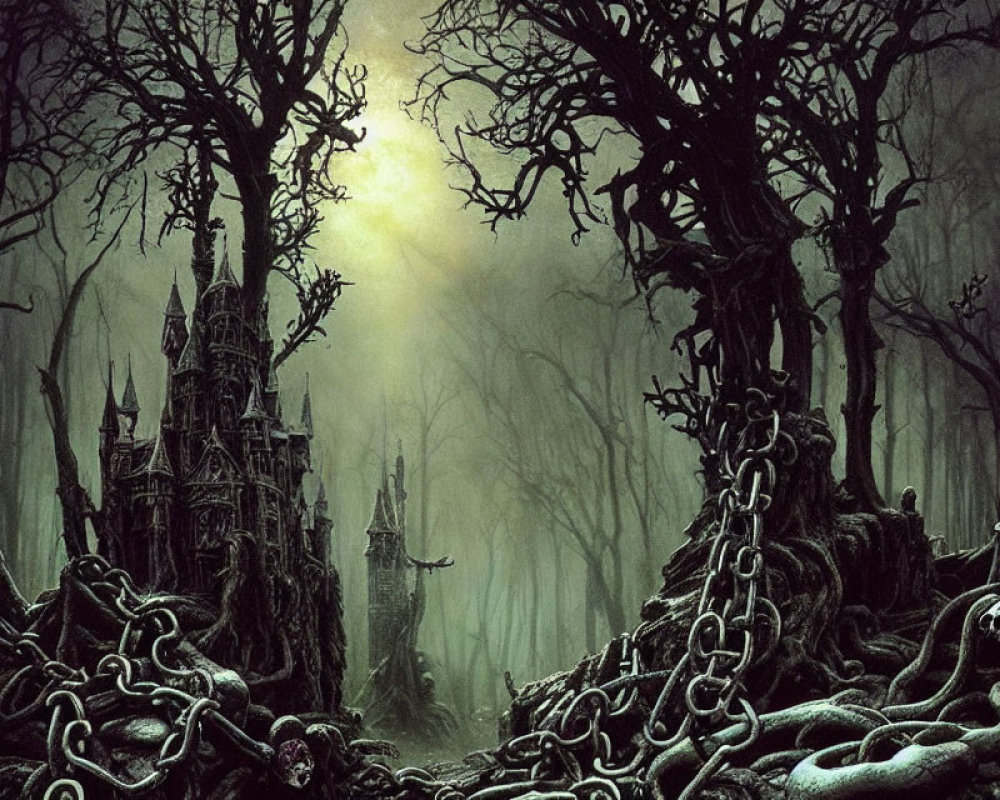 Twisted Gothic fantasy forest with eerie towers under misty sky