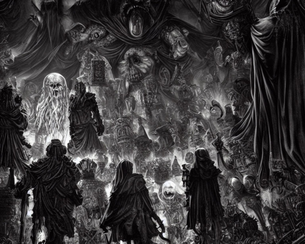 Monochrome fantasy artwork with robed figures and surreal creatures