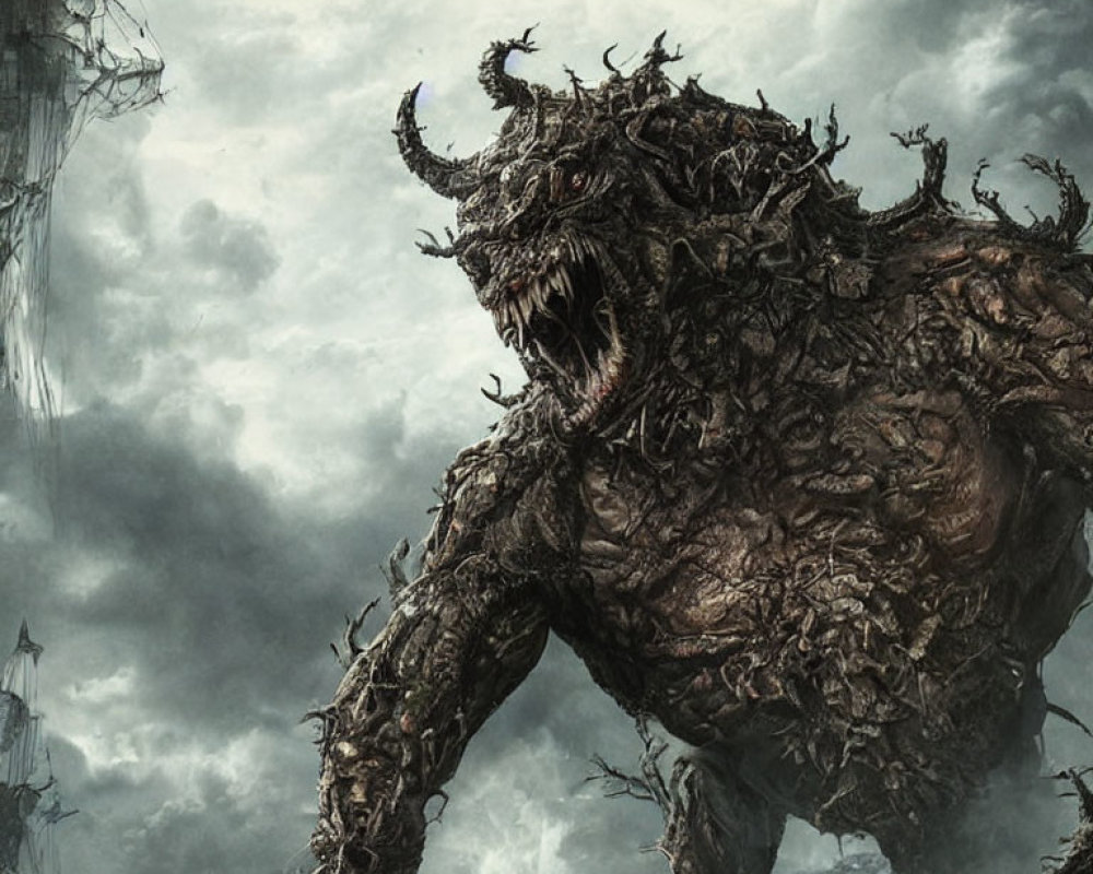 Monstrous creature with horns and jagged teeth in stormy setting